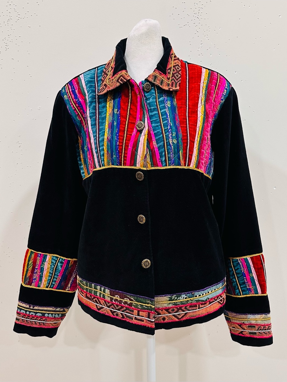 Coldwater Creek Black Jacket Womens S Multicolor Tapestry Button Front